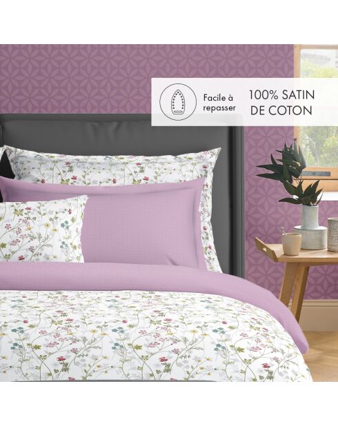 Housse de couette + taie d'oreiller en satin de coton Fleurs sauvages blanc/violet - 140x200 cm