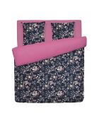 Housse de couette + 2 taies d'oreiller en satin de coton Murmure floral bleu foncé/rose