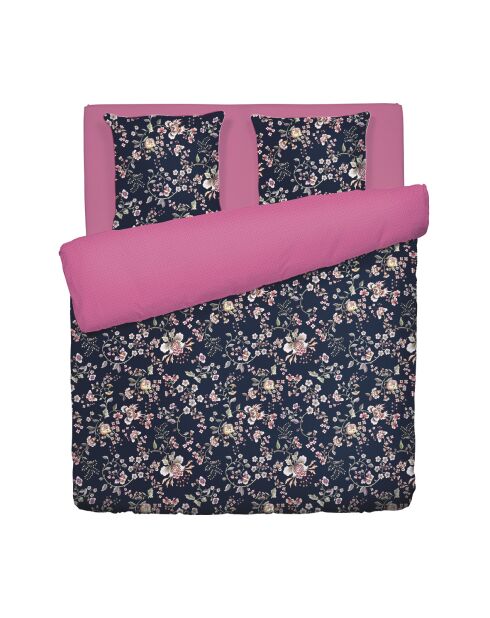 Housse de couette + 2 taies d'oreiller en satin de coton Murmure floral bleu foncé/rose