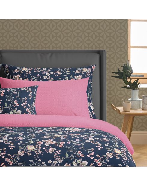 Housse de couette + 2 taies d'oreiller en satin de coton Murmure floral bleu foncé/rose