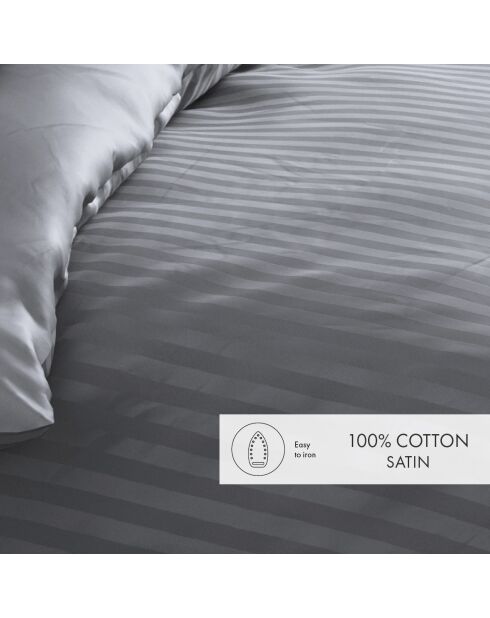 Housse de couette + taie d'oreiller en satin de coton rayure tissé dobby Jacquard gris foncé - 140x200 cm