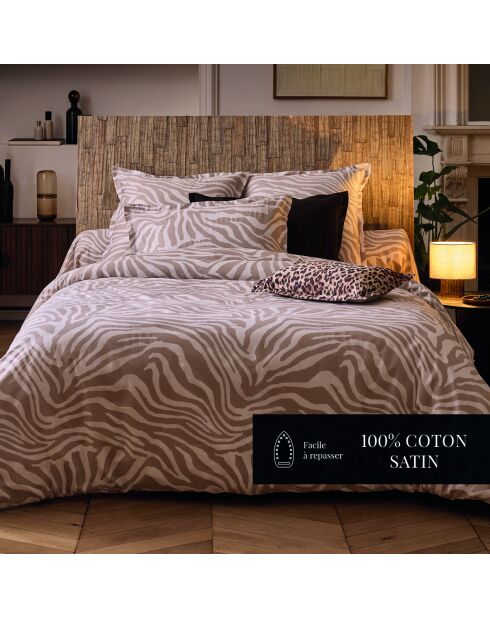 Housse de couette + 2 taies d'oreiller 63x63 satin de coton Evasion zébrée taupe