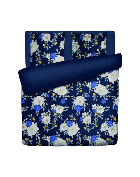 Housse de couette + 2 taies d'oreiller en satin de coton Nuit fleurie bleu foncé