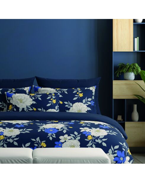 Housse de couette + 2 taies d'oreiller en satin de coton Nuit fleurie bleu foncé