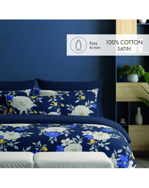 Housse de couette + 2 taies d'oreiller en satin de coton Nuit fleurie bleu foncé