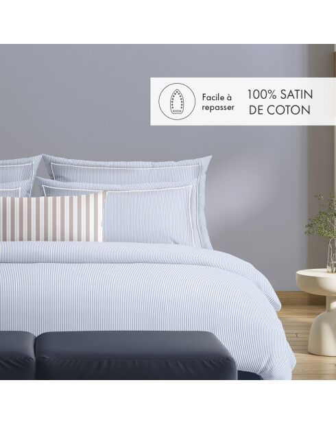 Housse de couette + 2 taies d'oreiller en coton percale Nantes bleu clair - 260x240 cm
