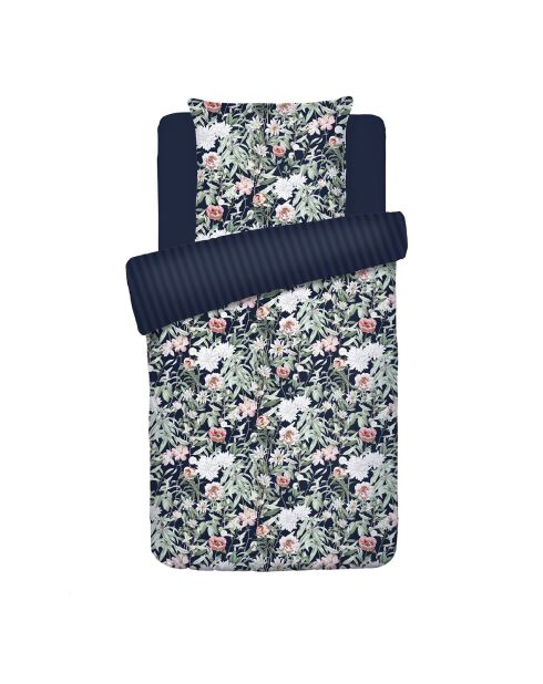 Housse de couette + taie d'oreiller en satin de coton Nuit florale bleu foncé - 140x200 cm