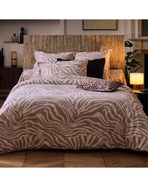 Housse de couette + taie d'oreiller 80x80 satin de coton Evasion zébrée taupe - 135x200 cm