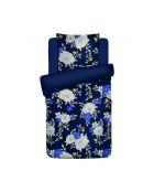 Housse de couette + taie d'oreiller en satin de coton Nuit fleurie bleu foncé - 140x200 cm