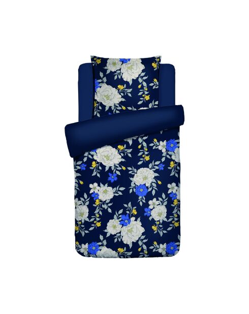 Housse de couette + taie d'oreiller en satin de coton Nuit fleurie bleu foncé - 140x200 cm