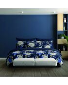 Housse de couette + taie d'oreiller en satin de coton Nuit fleurie bleu foncé - 140x200 cm