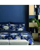 Housse de couette + taie d'oreiller en satin de coton Nuit fleurie bleu foncé - 140x200 cm