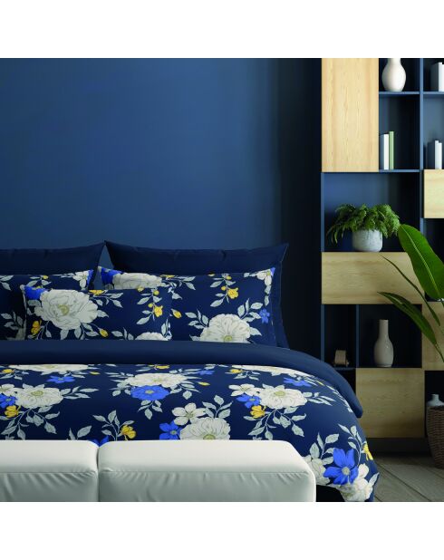 Housse de couette + taie d'oreiller en satin de coton Nuit fleurie bleu foncé - 140x200 cm