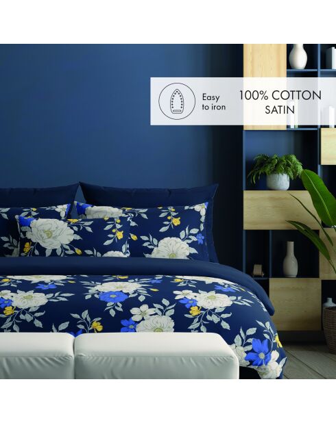Housse de couette + taie d'oreiller en satin de coton Nuit fleurie bleu foncé - 140x200 cm