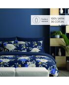 Housse de couette + taie d'oreiller en satin de coton Nuit fleurie bleu foncé - 140x200 cm