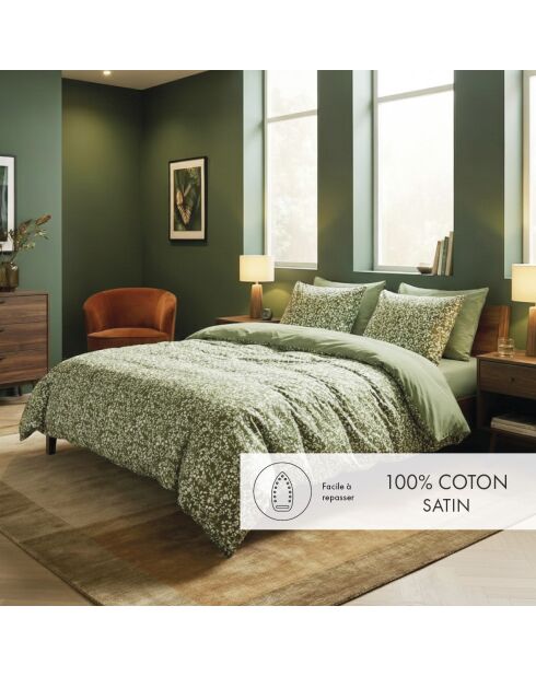 Housse de couette + taie d'oreiller en satin de coton Floréal vert - 140x200 cm