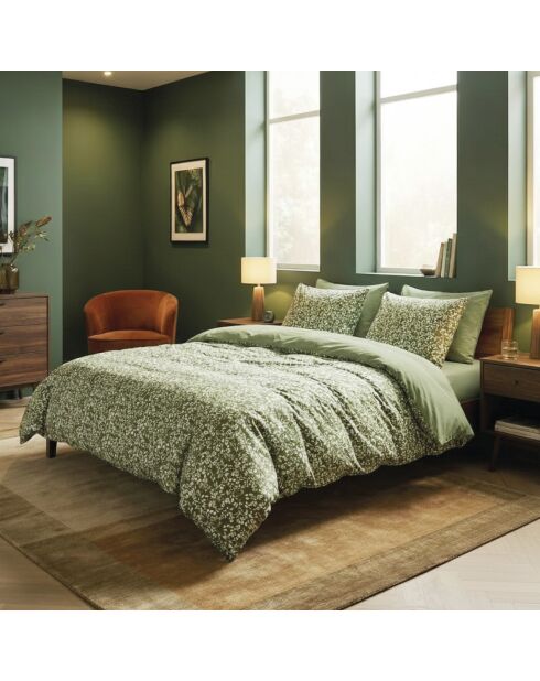 Housse de couette + taie d'oreiller en satin de coton Floréal vert - 140x200 cm