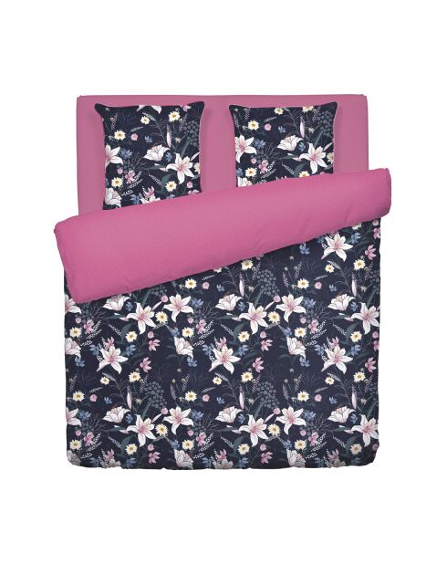 Housse de couette + 2 taies d'oreiller en satin de coton Jardin rêveur bleu foncé/rose