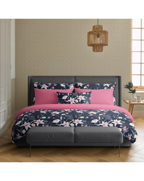 Housse de couette + 2 taies d'oreiller en satin de coton Jardin rêveur bleu foncé/rose