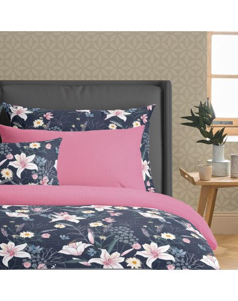 Housse de couette + 2 taies d'oreiller en satin de coton Jardin rêveur bleu foncé/rose