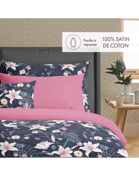 Housse de couette + 2 taies d'oreiller en satin de coton Jardin rêveur bleu foncé/rose