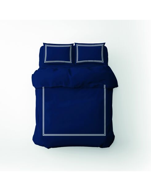 Housse de couette + taie d'oreiller 63x63 satin de coton Annecy blanc/bleu foncé - 140x200 cm