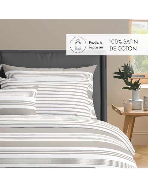 Housse de couette + 2 taies d'oreiller en satin de coton Léna taupe - 260x240 cm