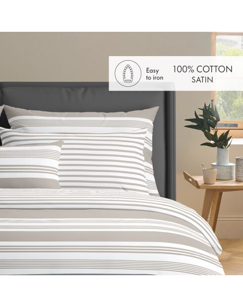Housse de couette + 2 taies d'oreiller en satin de coton Léna taupe - 260x240 cm
