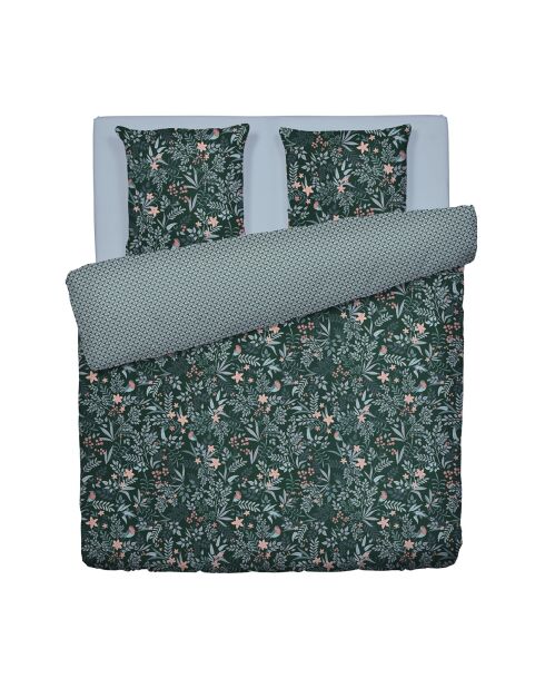 Housse de couette + 2 taies d'oreiller en satin de coton Harmonie des oiseaux vertes