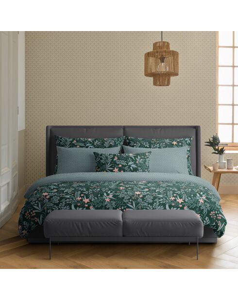 Housse de couette + 2 taies d'oreiller en satin de coton Harmonie des oiseaux vertes