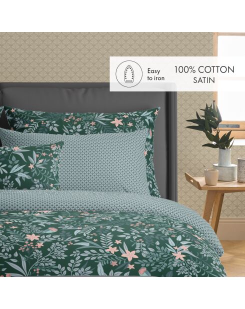 Housse de couette + 2 taies d'oreiller en satin de coton Harmonie des oiseaux vertes