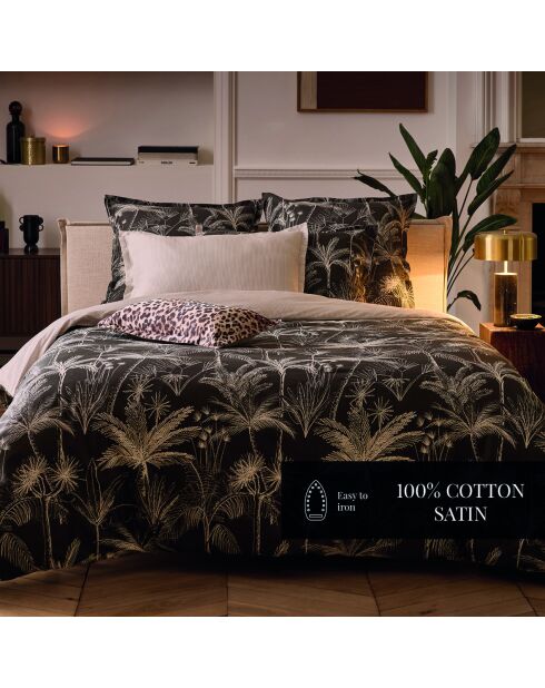 Housse de couette + 2 taies d'oreiller 80x80 satin de coton Wild noires