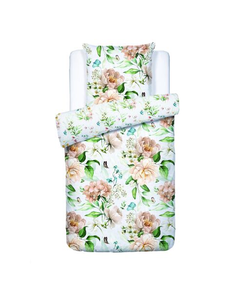 Funda nórdica y funda de almohada de satén de algodón Jardin de Fleurs Blanches, 140 x 200 cm