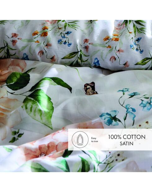 Funda nórdica y funda de almohada de satén de algodón Jardin de Fleurs Blanches, 140 x 200 cm