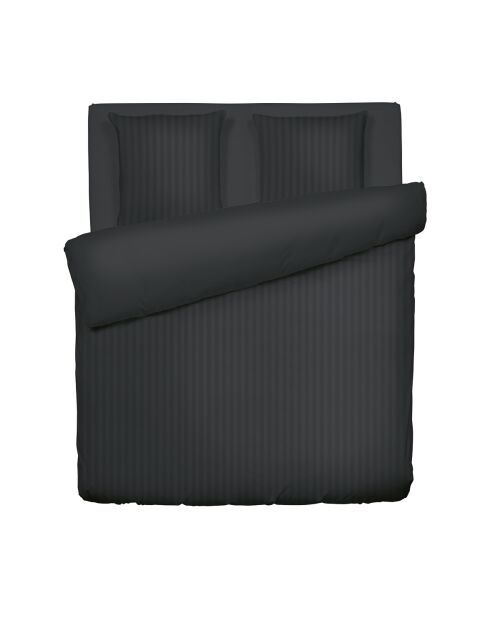 Housse de couette + 2 taies d'oreiller en satin de coton rayure tissé dobby Jacquard noires - 240x220 cm