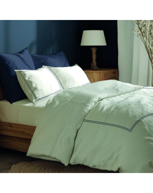 Housse de couette + taie d'oreiller 63x63 satin de coton Annecy bleu foncé/blanc - 140x200 cm