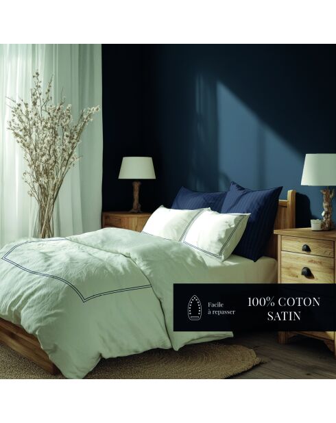 Housse de couette + taie d'oreiller 63x63 satin de coton Annecy bleu foncé/blanc - 140x200 cm