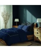 Housse de couette + 2 taies d'oreiller 80x80 satin de coton Annecy blanc/bleu foncé - 200x220 cm