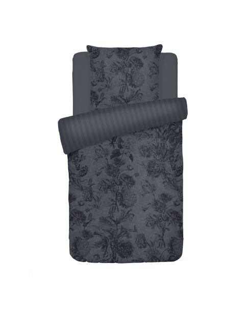Copripiumino + federa in raso di cotone tela floreale grigio scuro - 140x200 cm