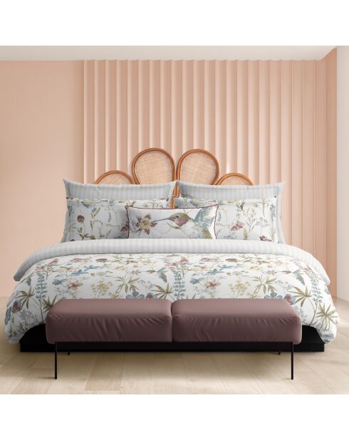 Housse de couette + taie d'oreiller en satin de coton Colibri chantant blanches - 140x200 cm