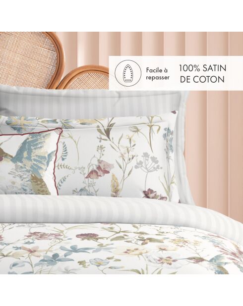 Housse de couette + taie d'oreiller en satin de coton Colibri chantant blanches - 140x200 cm