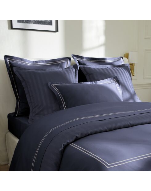 Housse de couette + taie d'oreiller en satin de coton Nice blanc/bleu foncé - 140x200 cm