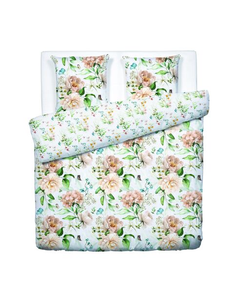 Housse de couette + 2 taies d'oreiller en satin de coton Jardin de Fleurs blanches