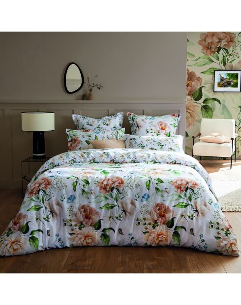 Housse de couette + 2 taies d'oreiller en satin de coton Jardin de Fleurs blanches