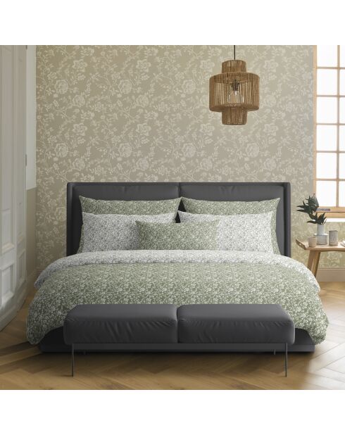 Housse de couette + taie d'oreiller en satin de coton Parterre de Roses vertes - 140x200 cm