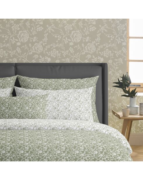 Housse de couette + taie d'oreiller en satin de coton Parterre de Roses vertes - 140x200 cm