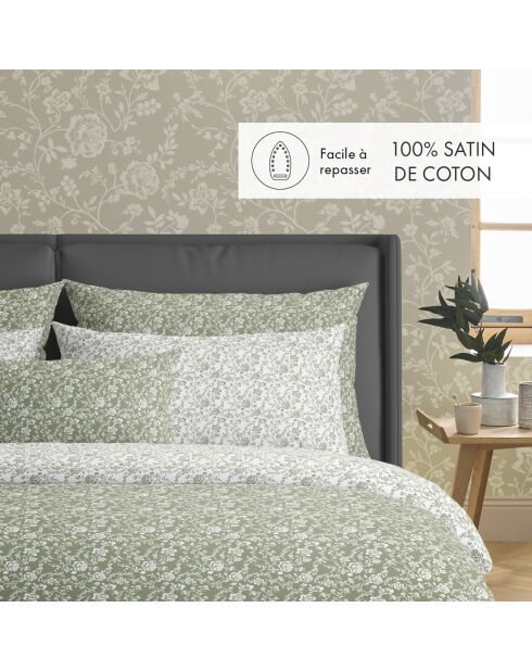 Housse de couette + taie d'oreiller en satin de coton Parterre de Roses vertes - 140x200 cm