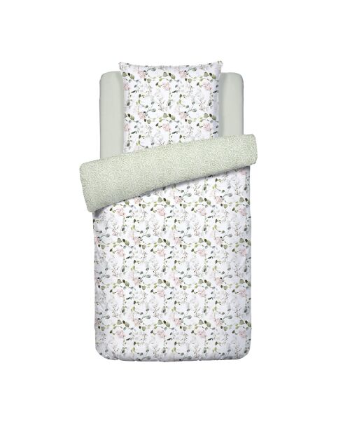 Housse de couette + taie d'oreiller en satin de coton Eclat d'eucalyptus blanches - 140x200 cm