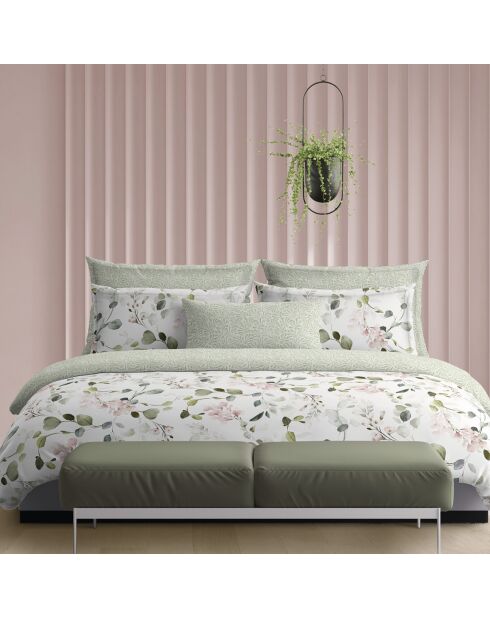Housse de couette + taie d'oreiller en satin de coton Eclat d'eucalyptus blanches - 140x200 cm
