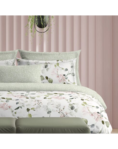Housse de couette + taie d'oreiller en satin de coton Eclat d'eucalyptus blanches - 140x200 cm